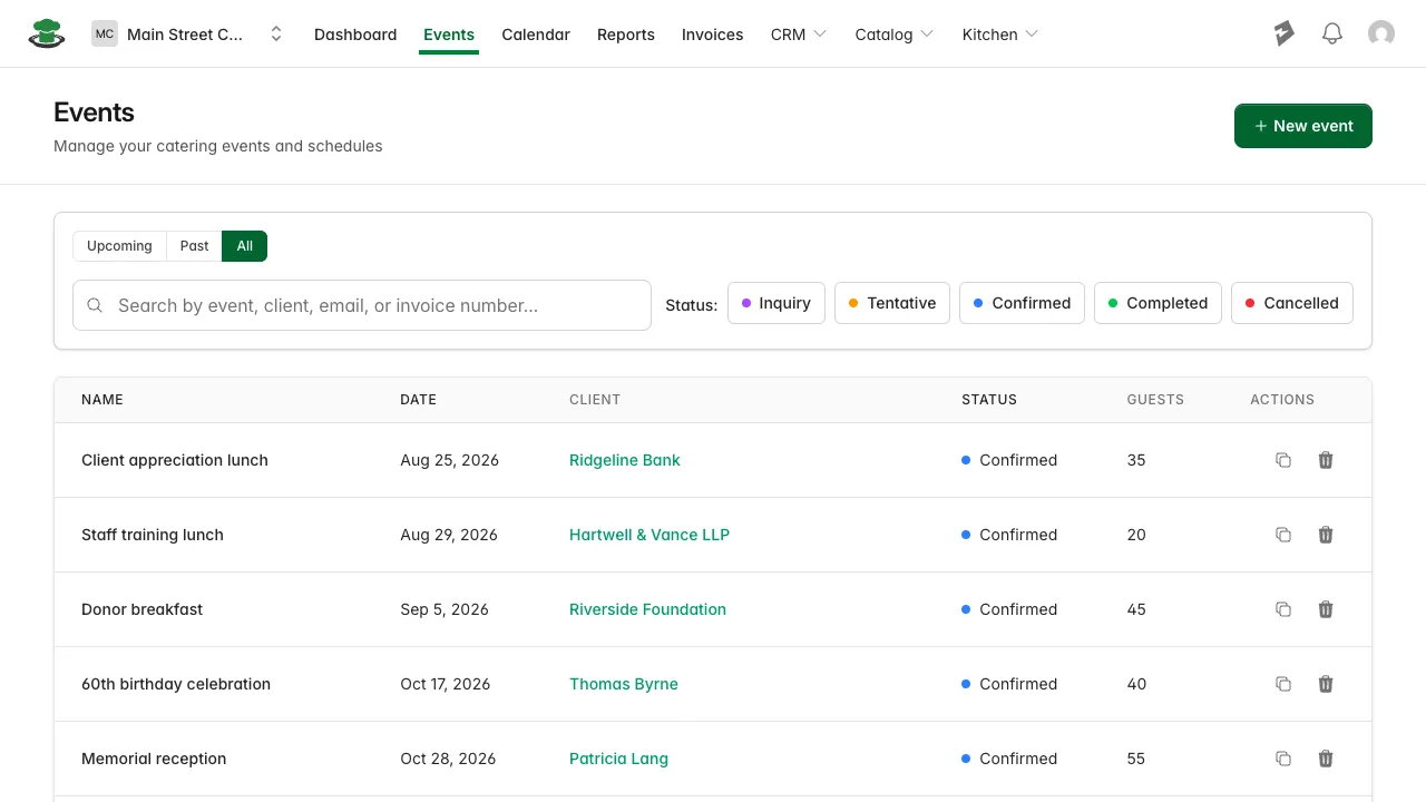 Events list with status column and filter