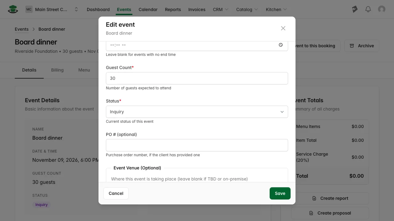 Status dropdown in the edit event form