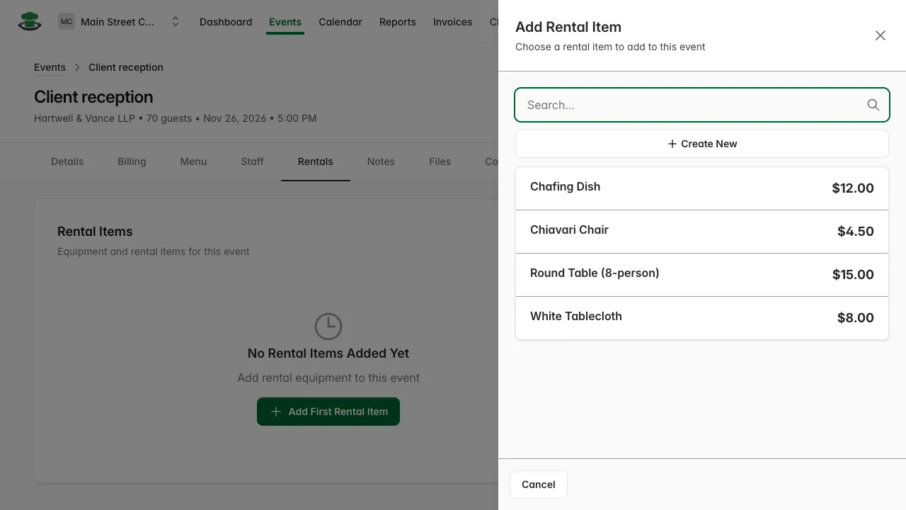 Add Rental Item picker
