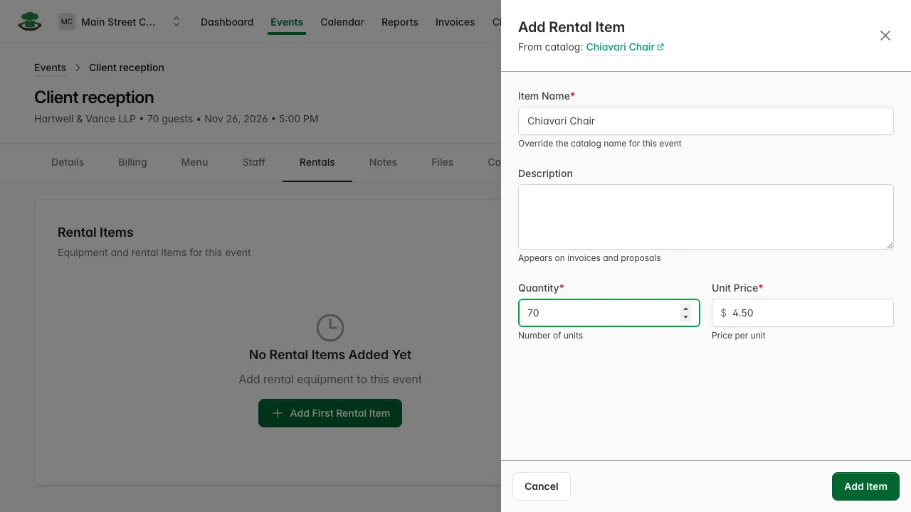 Rental item form, filled