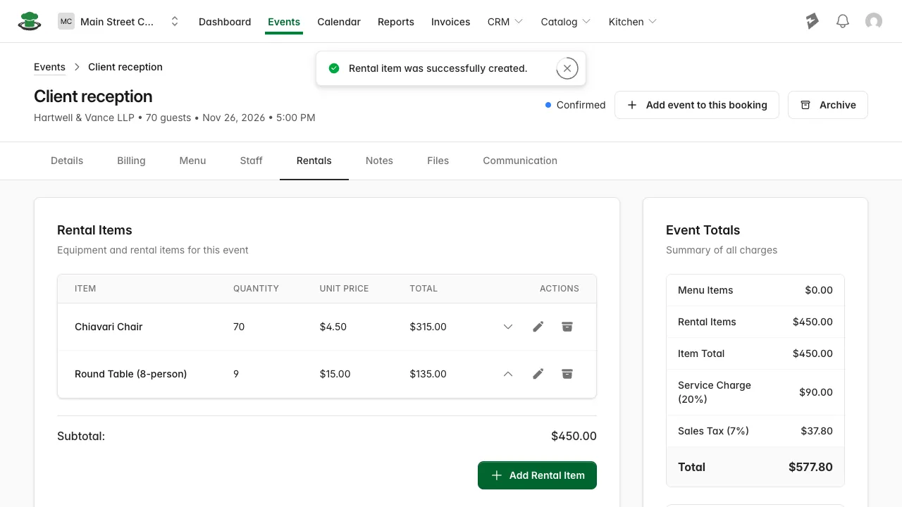 Rentals tab with two items added