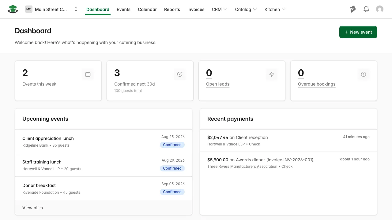 Dashboard upcoming events with status badges
