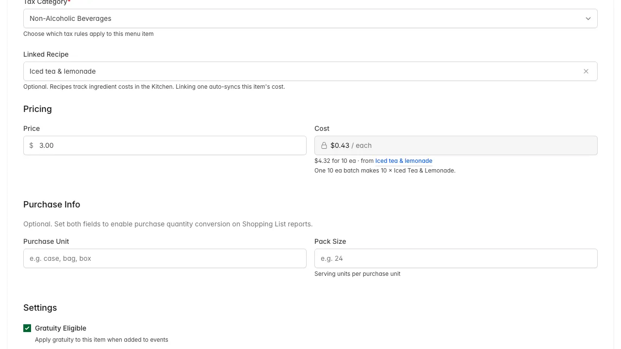 Cost field locked to the recipe’s cost