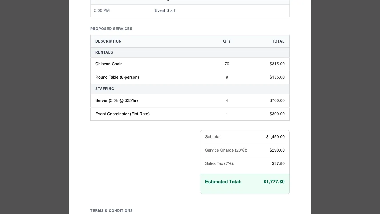 Proposal preview, Rentals and Staffing sections