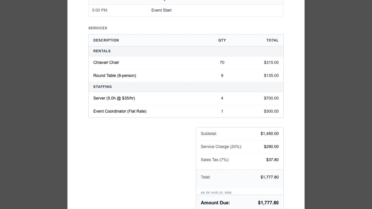 Invoice preview, Rentals and Staffing sections