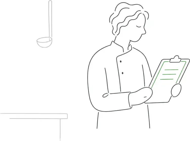 Line-art illustration of a chef reading an event order on a clipboard