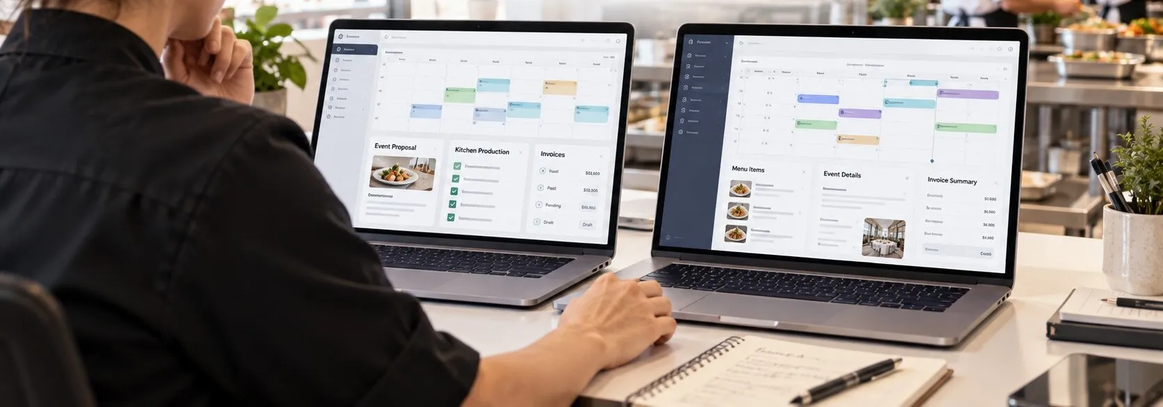A caterer compares two catering software apps side by side on two laptops, each showing an event calendar, proposals, kitchen production and invoices