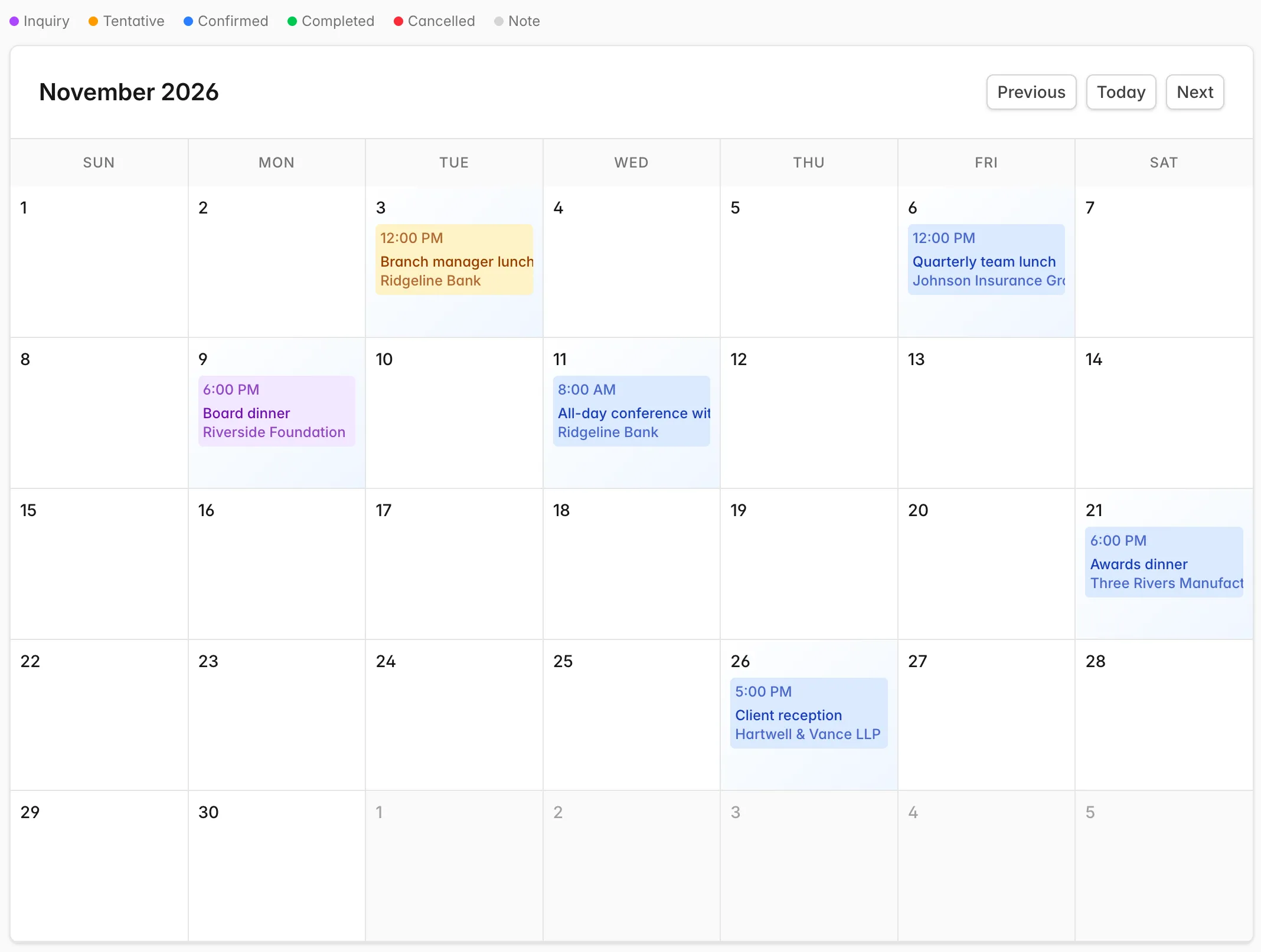 Better Cater's month calendar — the status legend from inquiry through cancelled, and events on their dates colored by status, each showing time, event name and client