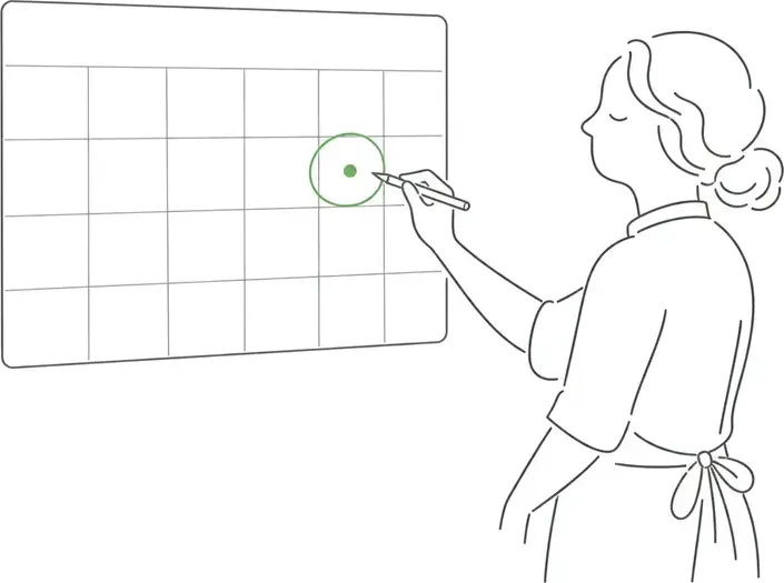 Line-art illustration of a caterer circling a date on a wall calendar