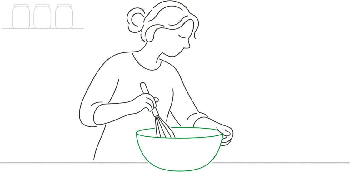 Line-art illustration of a chef whisking in a large mixing bowl