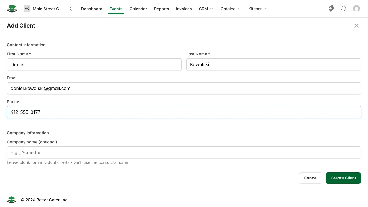 Creating a client and contact together from New event