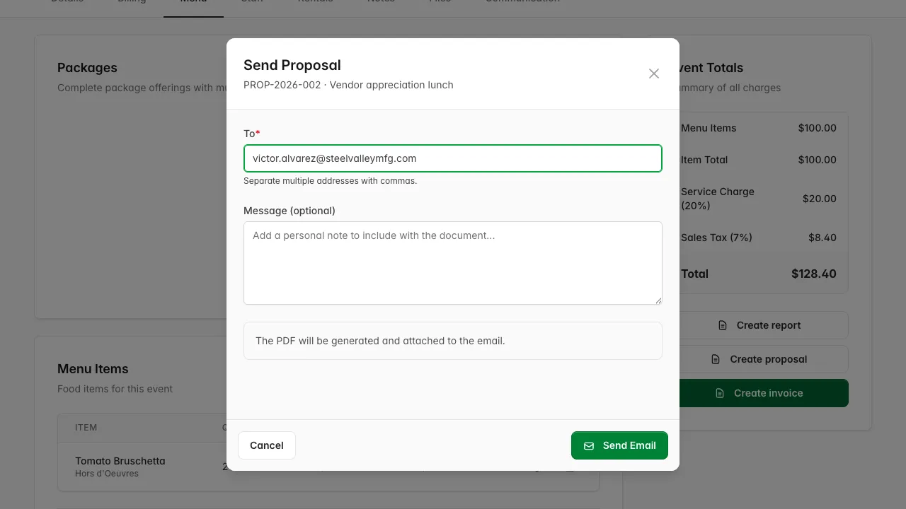 The proposal’s To field prefilled with the event’s assigned contact, not the primary