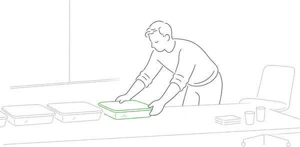 Line-art illustration of a caterer setting wrapped trays on a conference-room table
