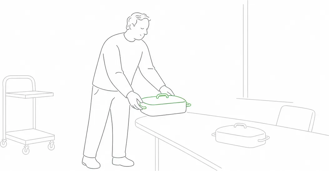 Line-art illustration of a caterer wheeling stacked lunch trays into an office