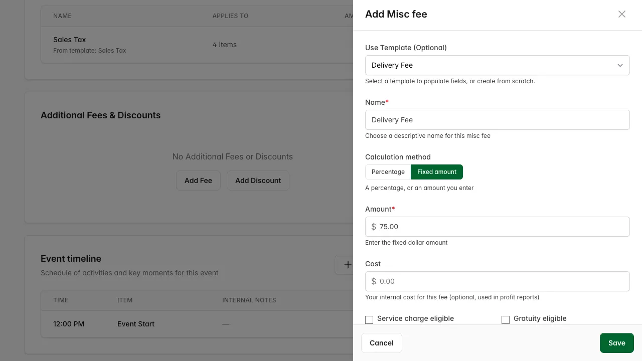 Add fee drawer with the Delivery Fee template selected, showing Fixed amount