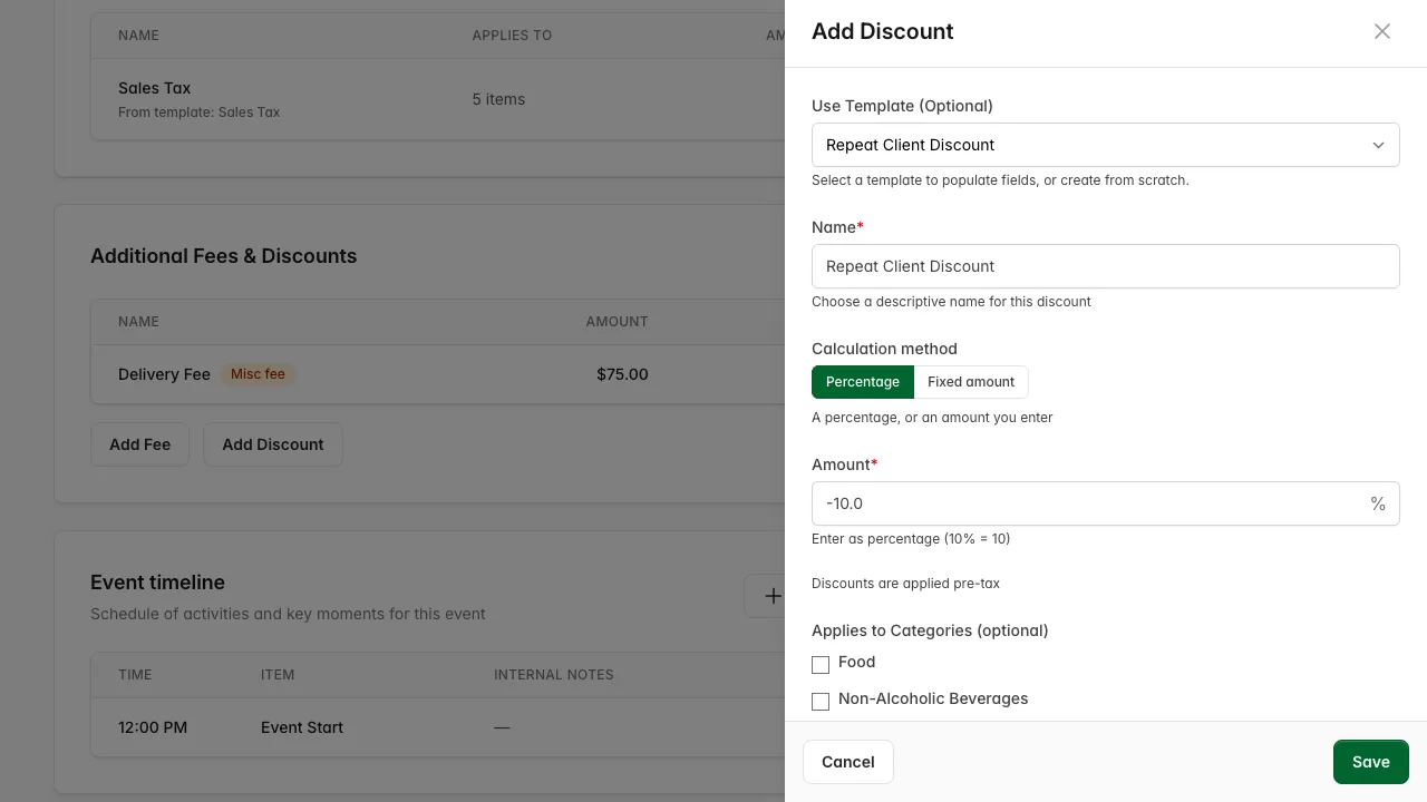 Add discount drawer with the Repeat Client Discount template selected, showing Percentage