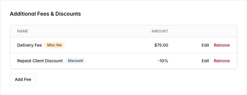 Additional Fees & Discounts table with a fee and a discount applied