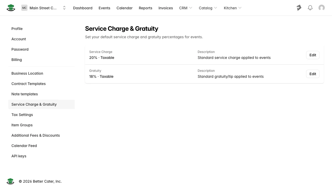 Settings: Service Charge &amp; Gratuity, showing the account’s default rates