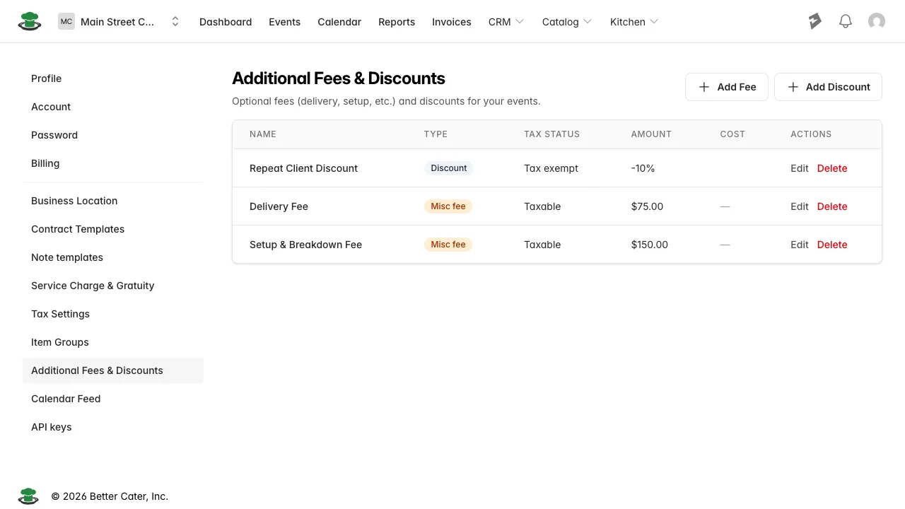 Settings: Additional Fees & Discounts, showing the account’s fee and discount templates