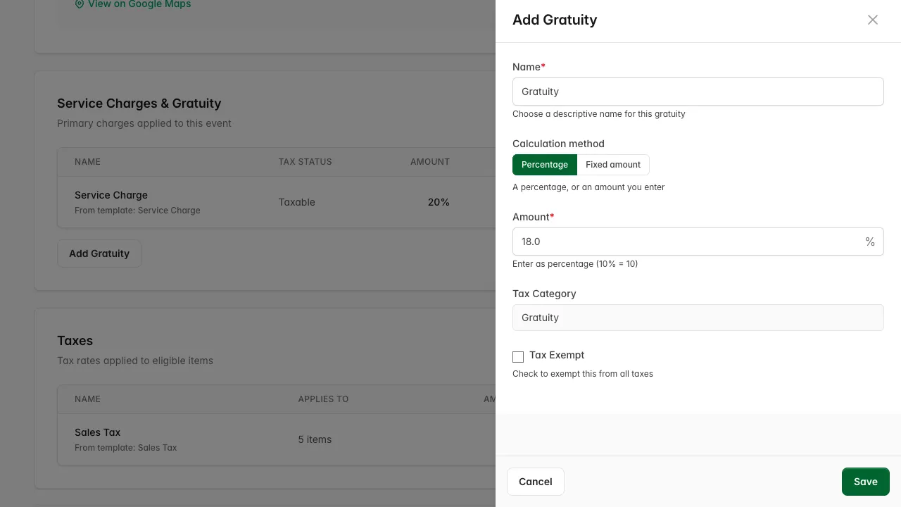 Add Gratuity drawer, prefilled with the account’s default percentage