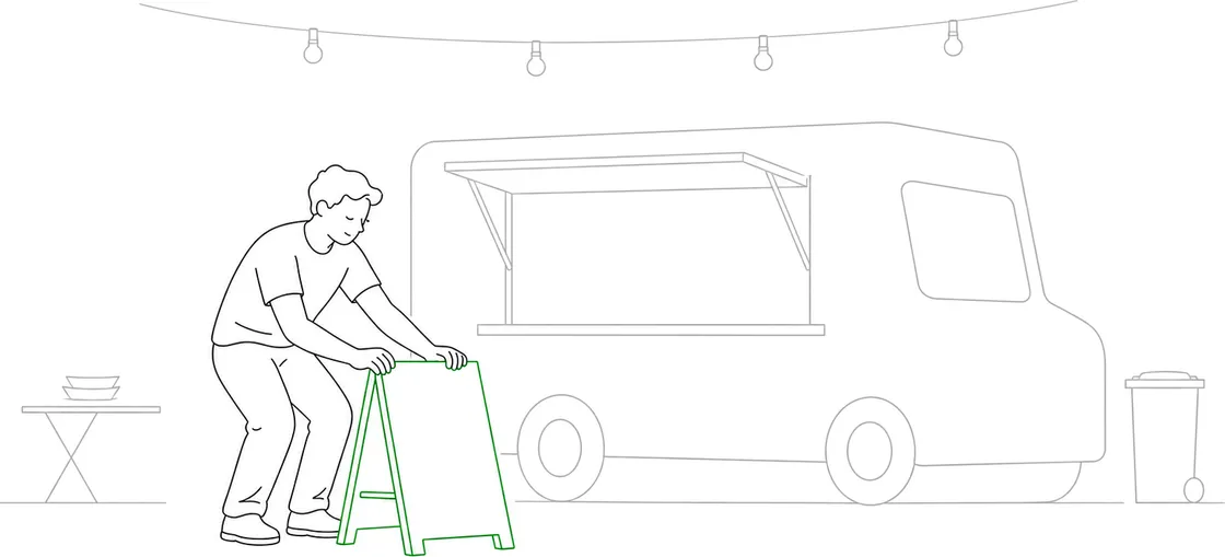 Line-art illustration of a food truck with its serving window open and a sign set out front
