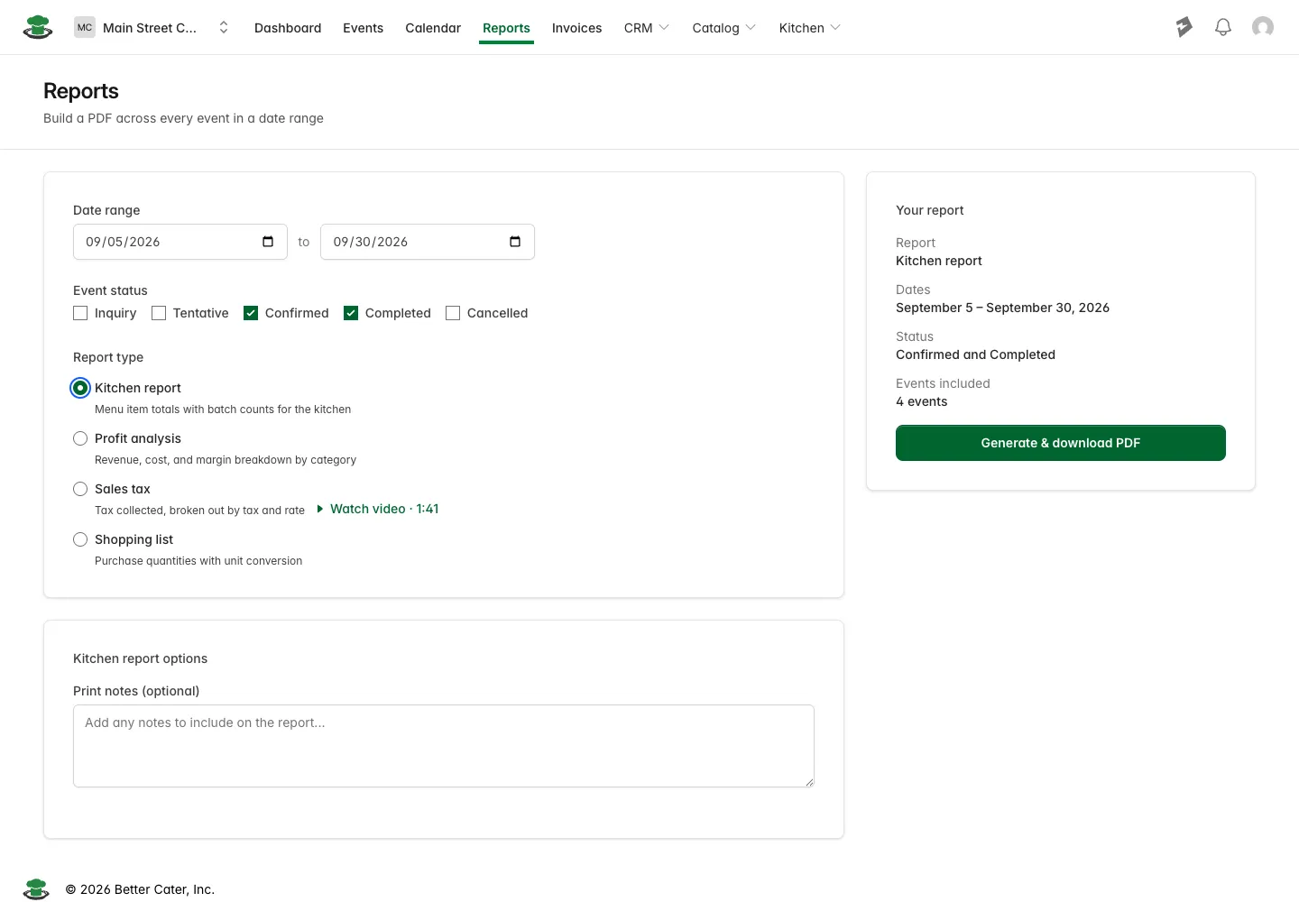 The Reports page, with a date range set and the Kitchen report picked