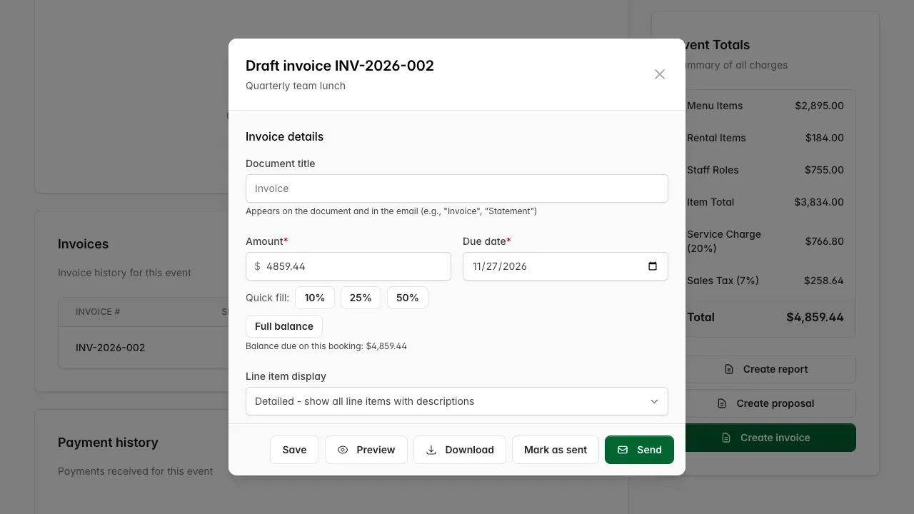 Draft invoice, prefilled from the event