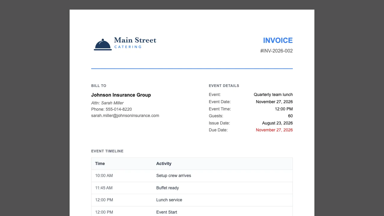 Invoice document showing the caterer’s branding and the event’s details