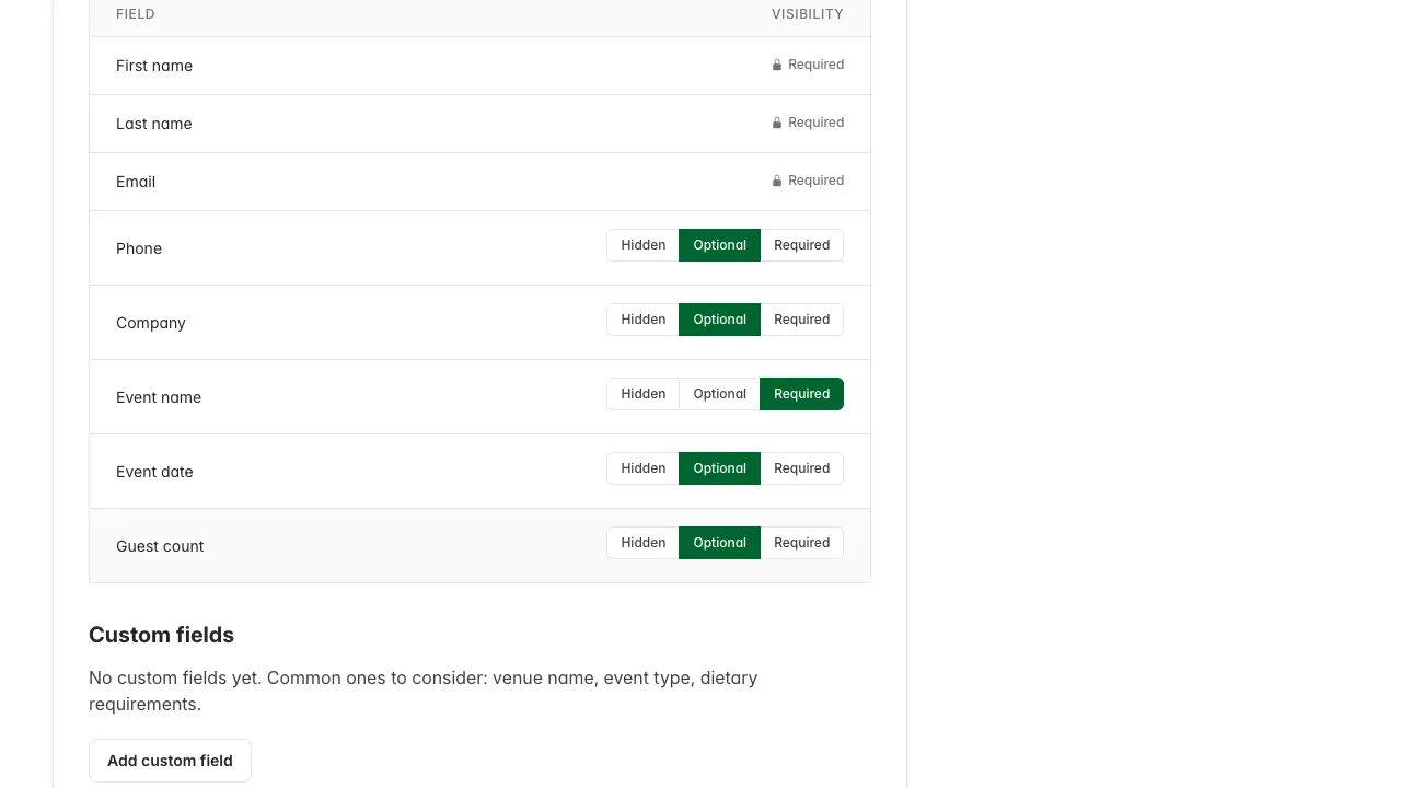 Standard fields set to hidden, optional, or required
