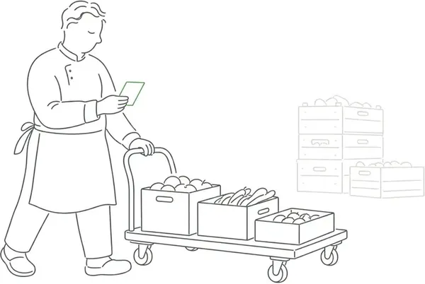 Line-art illustration of a chef checking a list while pushing a market cart