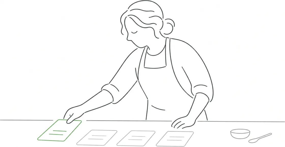 Line-art illustration of a caterer laying out menu cards