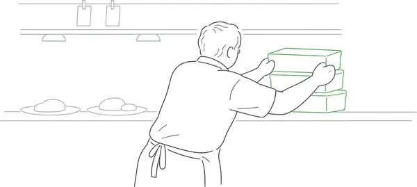 Line-art illustration of a restaurant pass window with plated dishes on one side and stacked catering boxes on the other