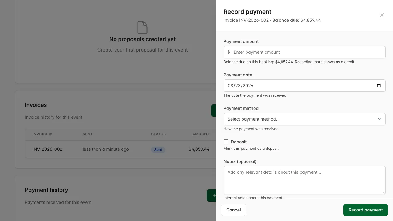 Record payment drawer opened from an invoice row