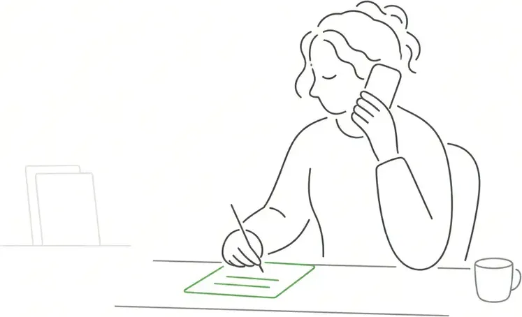 Line-art illustration of a caterer on the phone writing down an inquiry