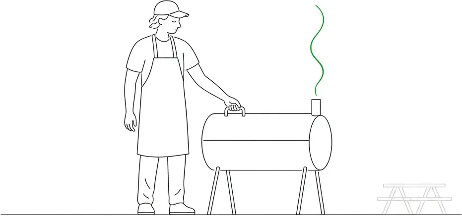 Line-art illustration of a pitmaster at an offset smoker