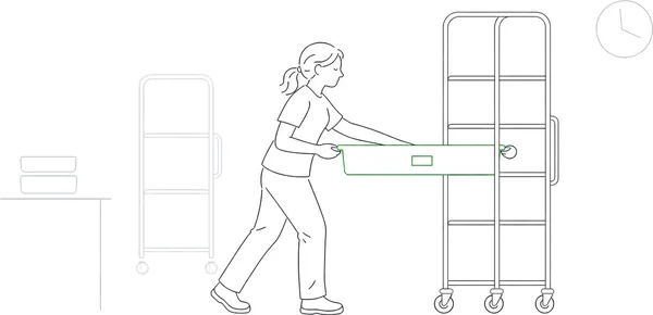 Line-art illustration of a cook loading labeled hotel pans onto a speed rack in a production kitchen
