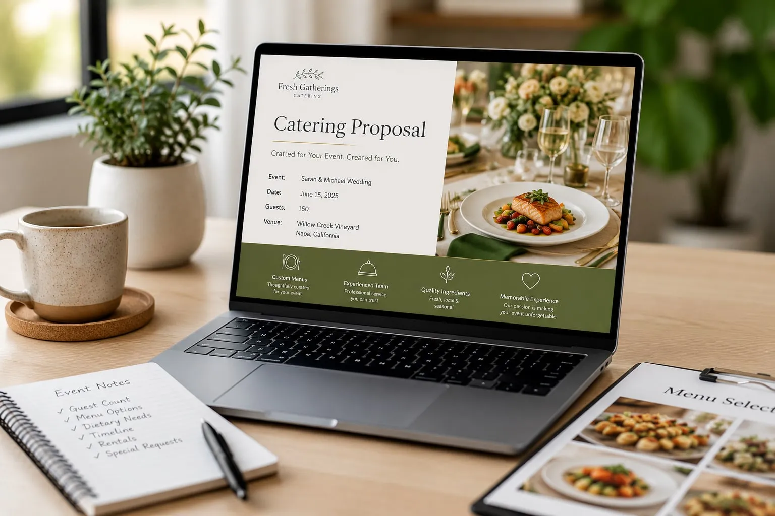 Catering management software showing a professional catering proposal for a wedding event