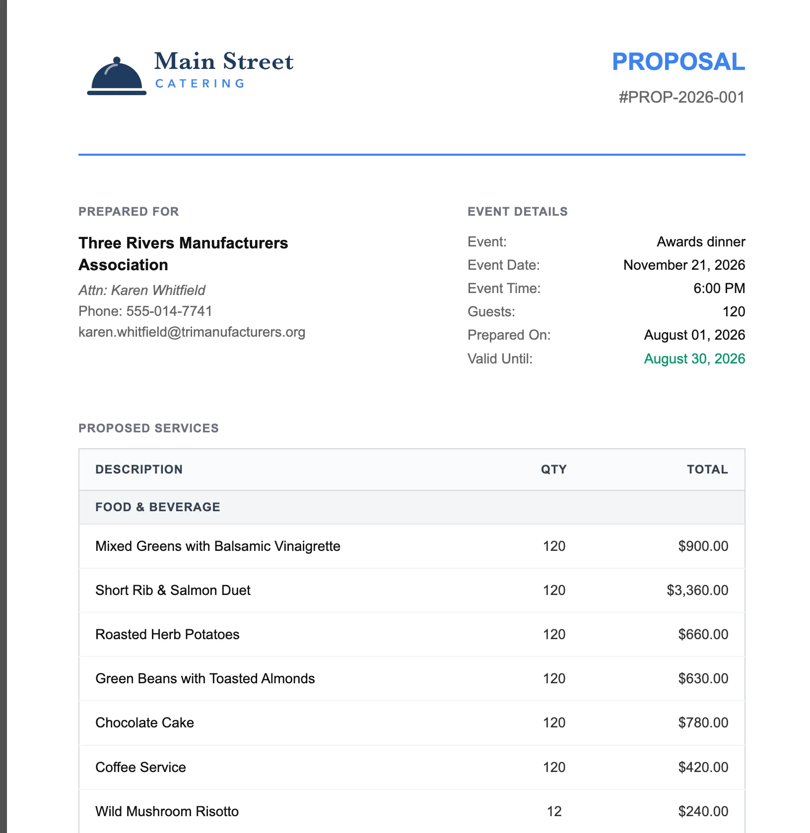 A catering proposal generated by Better Cater — the caterer's own logo and brand color, the client and event details, and the priced menu lines with quantities and totals