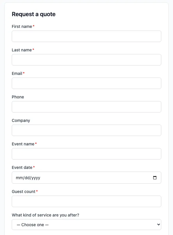 The public "Request a quote" form Better Cater hosts — name and contact fields, then event name, event date and guest count