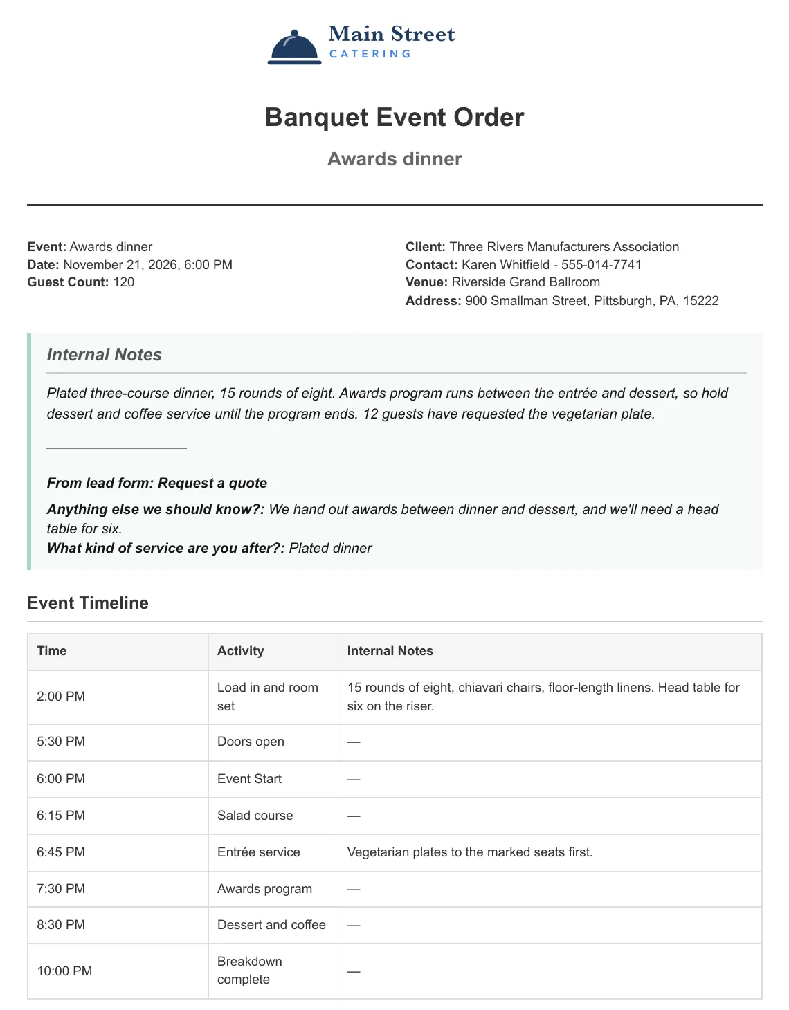 A banquet event order generated by Better Cater — the caterer's logo, event, client and venue details, the internal notes the crew works from, and the event timeline with per-row kitchen notes