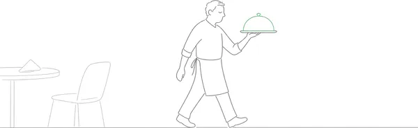 Line-art illustration of a server carrying a covered plate