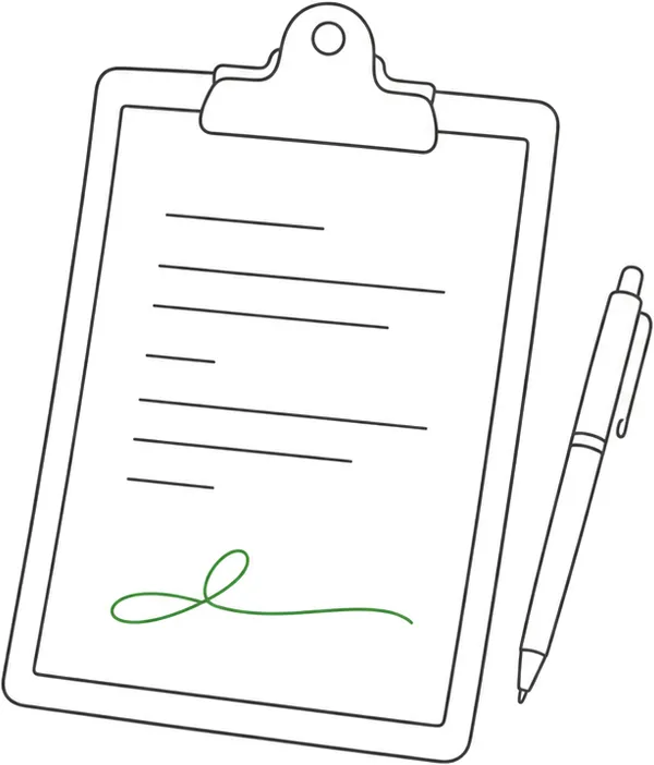 Line-art illustration of a signed catering contract on a clipboard