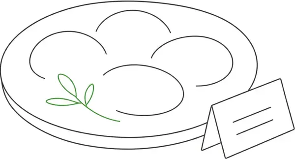 Line-art illustration of a serving platter with a green garnish sprig and a menu card