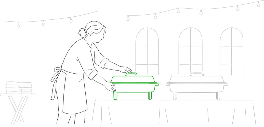 Line-art illustration of a caterer setting a chafing dish on a draped buffet table in a rented hall