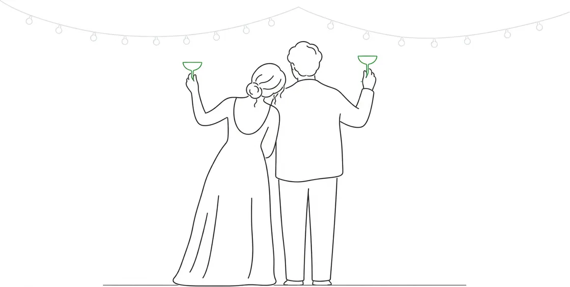 Line-art illustration of a couple raising a toast under string lights