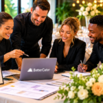 Professional catering team working together on event planning and client management, showcasing core values that drive customer service excellence, teamwork, accountability, and business growth.