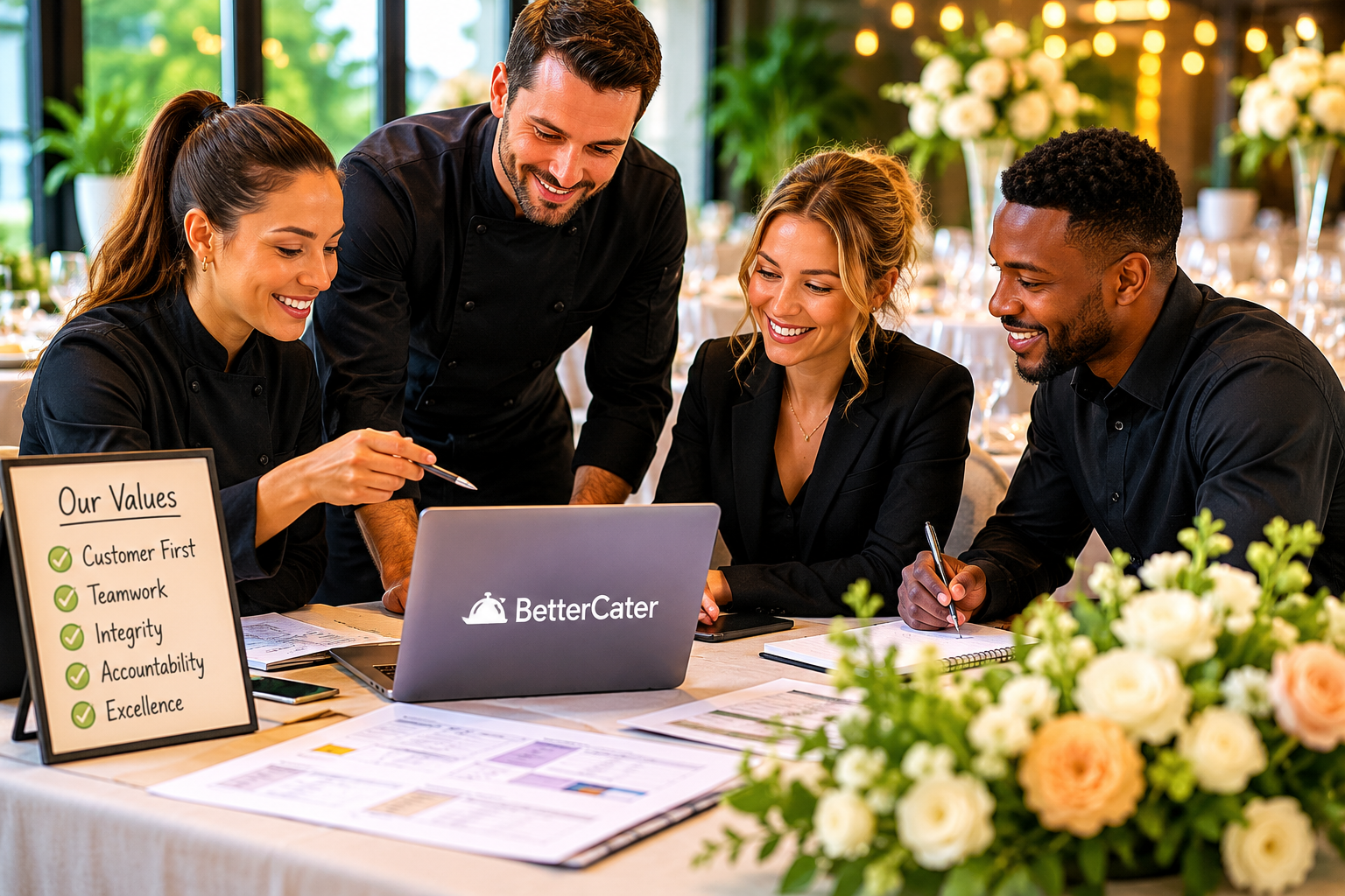 Professional catering team working together on event planning and client management, showcasing core values that drive customer service excellence, teamwork, accountability, and business growth.