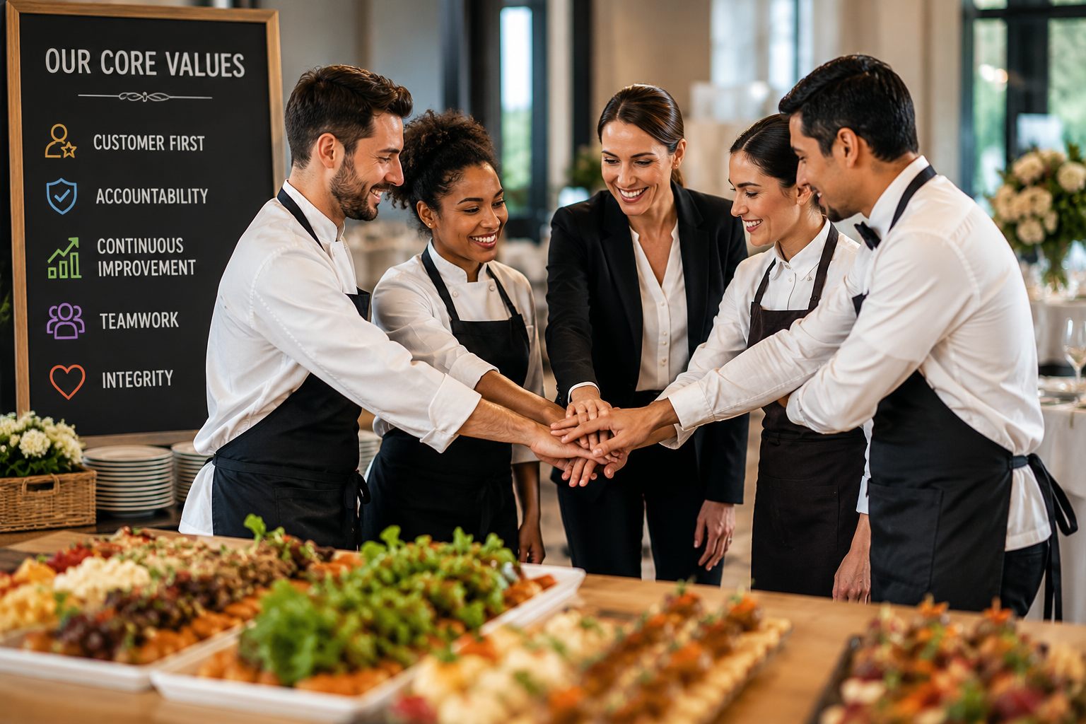 Catering team placing their hands together in a show of teamwork beside a core values board, with event platters displayed in the foreground.