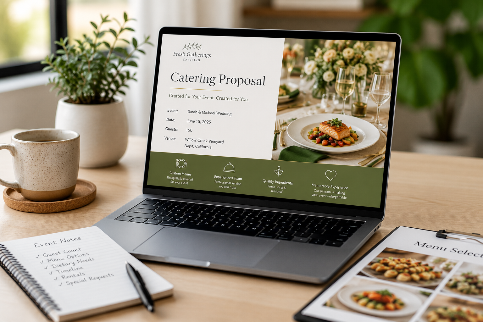Catering management software showing a professional catering proposal for a wedding event