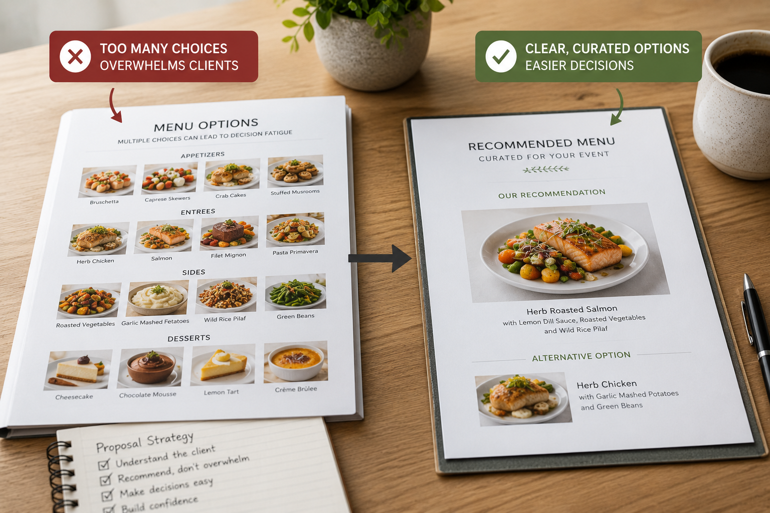 Catering proposal comparison showing curated menu recommendations versus overwhelming menu options to improve client decision-making